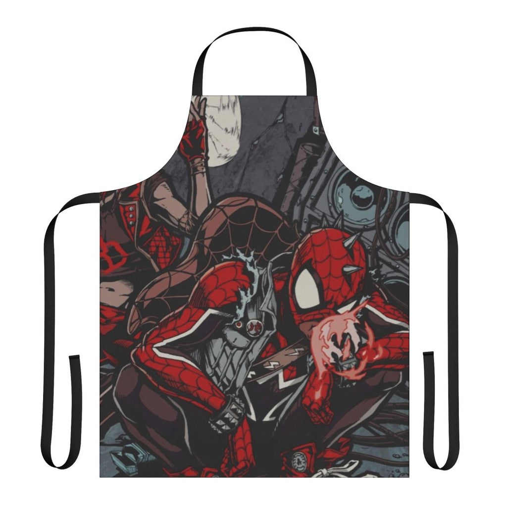 Spider punk-inspired apron with pop art design, perfect for Marvel fans and kitchen enthusiasts.