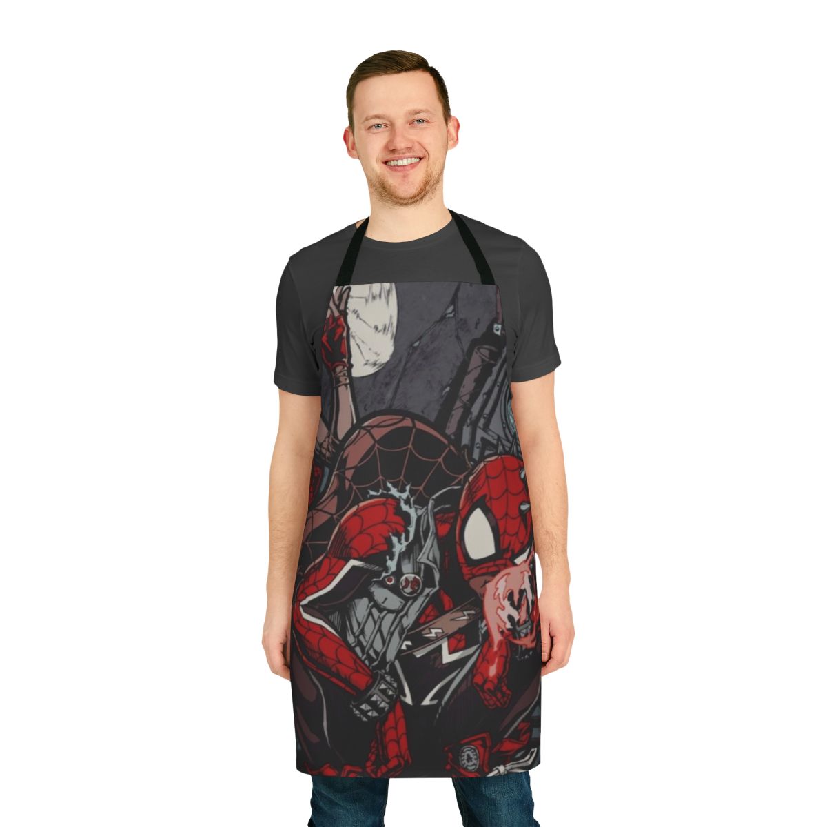 Spider punk-inspired apron with pop art design, perfect for Marvel fans and kitchen enthusiasts.