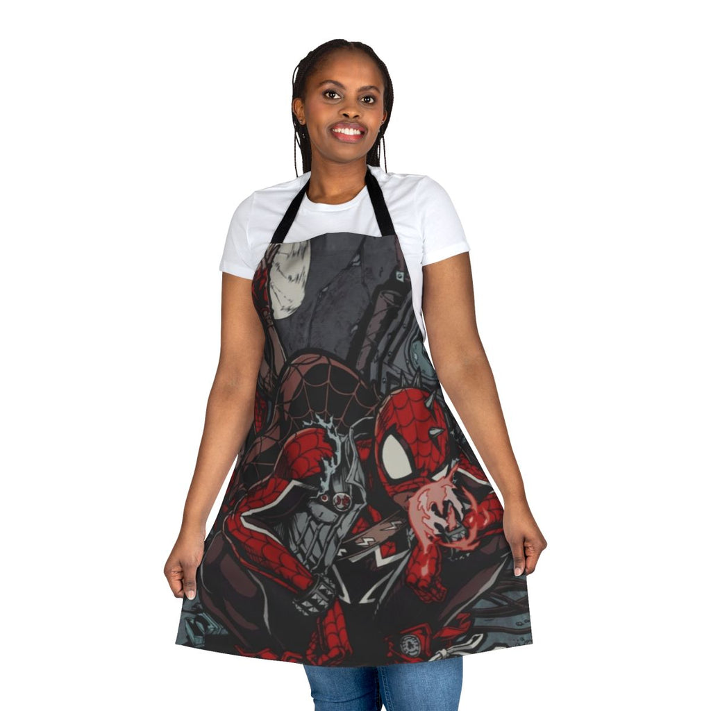 Spider punk-inspired apron with pop art design, perfect for Marvel fans and kitchen enthusiasts.