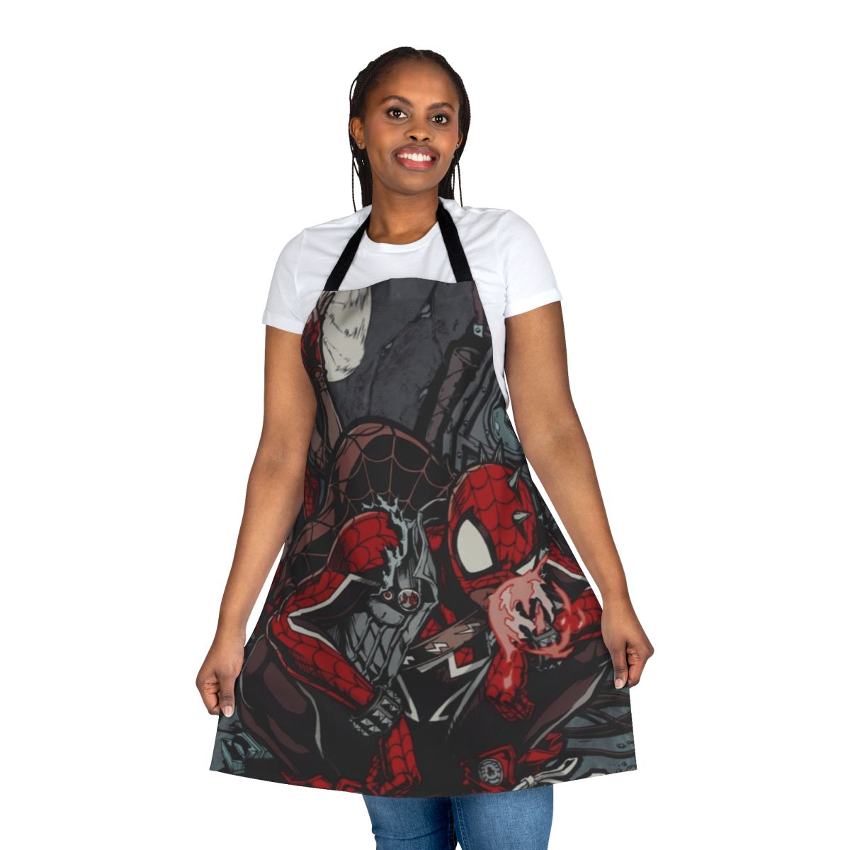 Spider punk-inspired apron with pop art design, perfect for Marvel fans and kitchen enthusiasts.