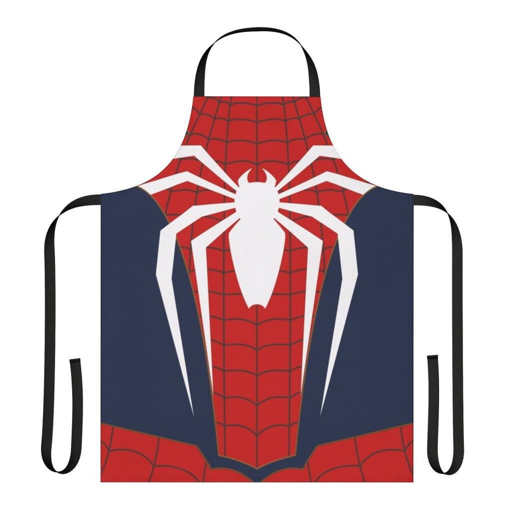 A white apron with a spiderweb design, perfect for the superhero-inspired home cook.