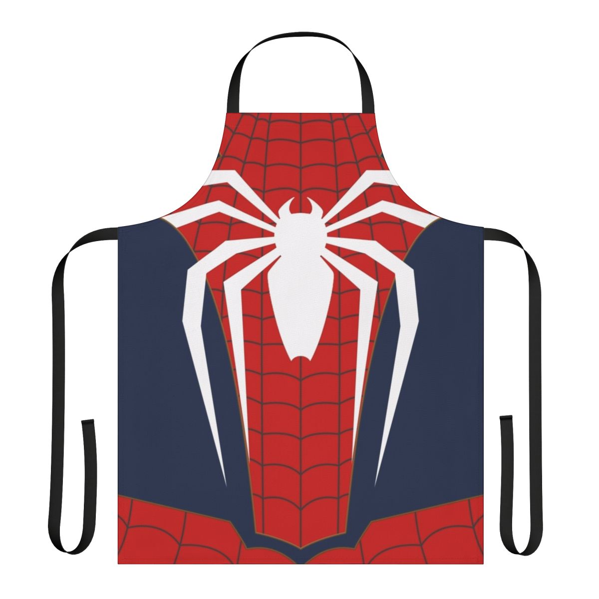 A white apron with a spiderweb design, perfect for the superhero-inspired home cook.