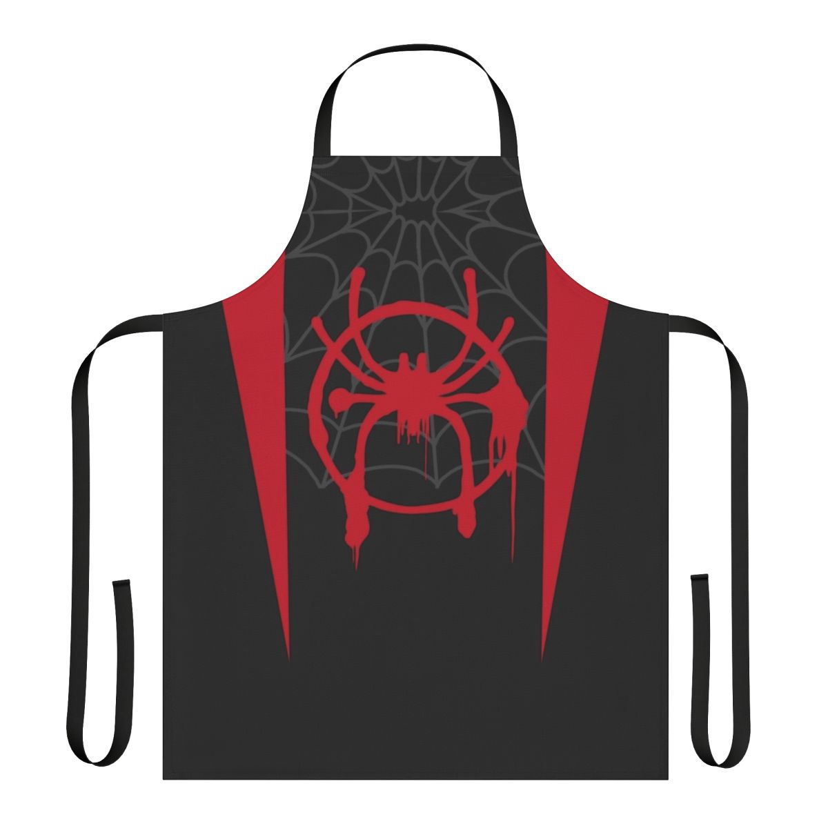 A black apron featuring the spider-verse character Miles Morales