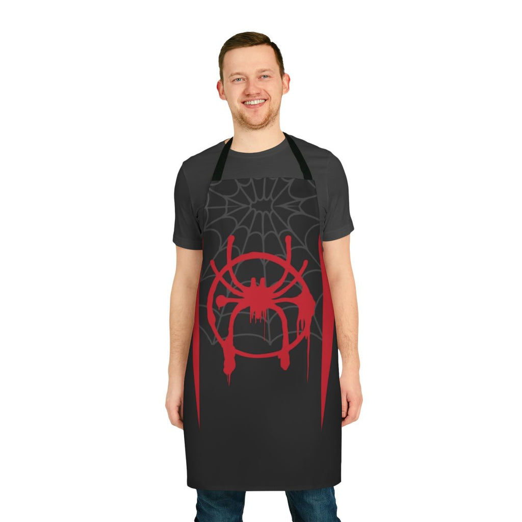 A black apron featuring the spider-verse character Miles Morales