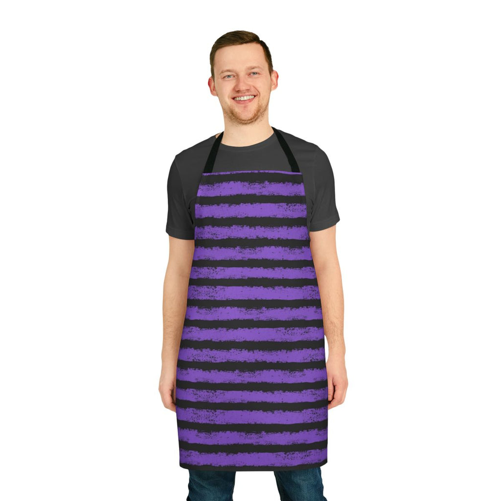 Black and purple splatter stripe apron with a distressed, spooky design