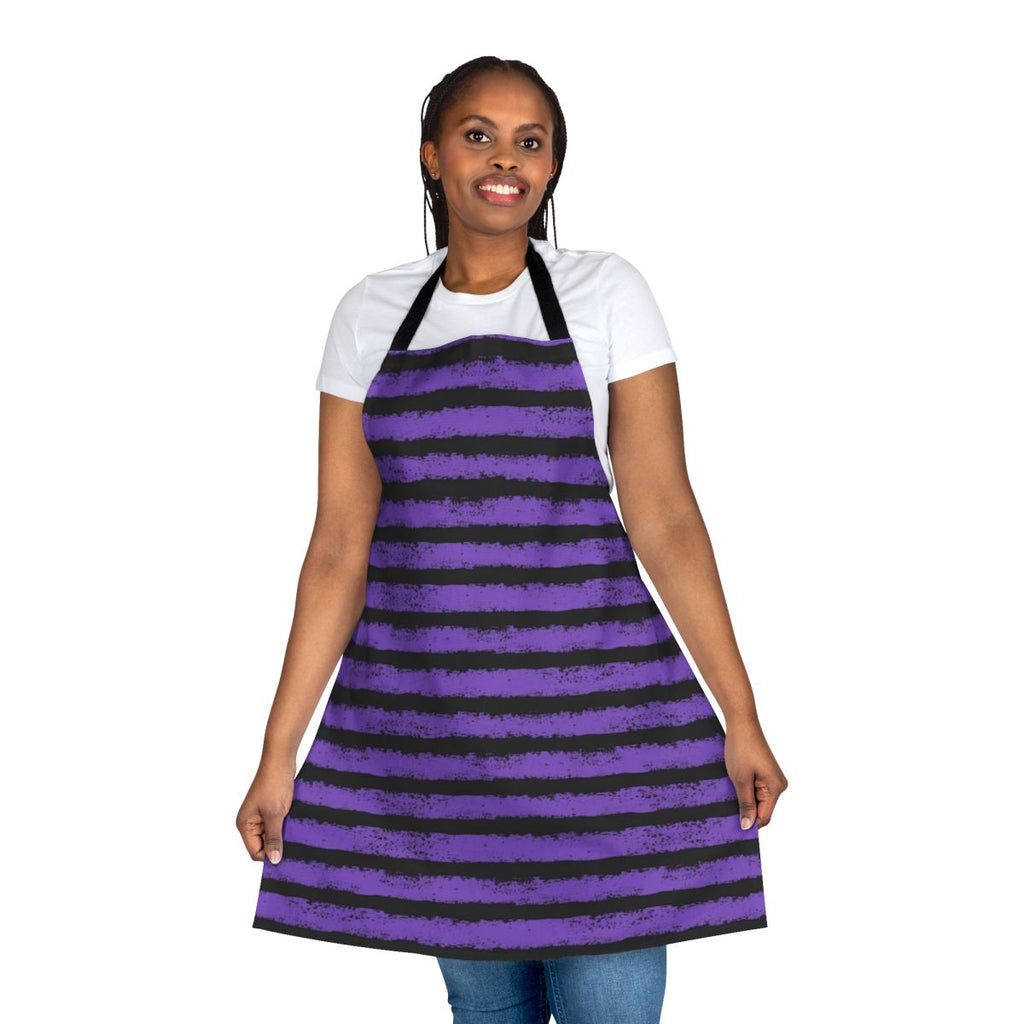 Black and purple splatter stripe apron with a distressed, spooky design