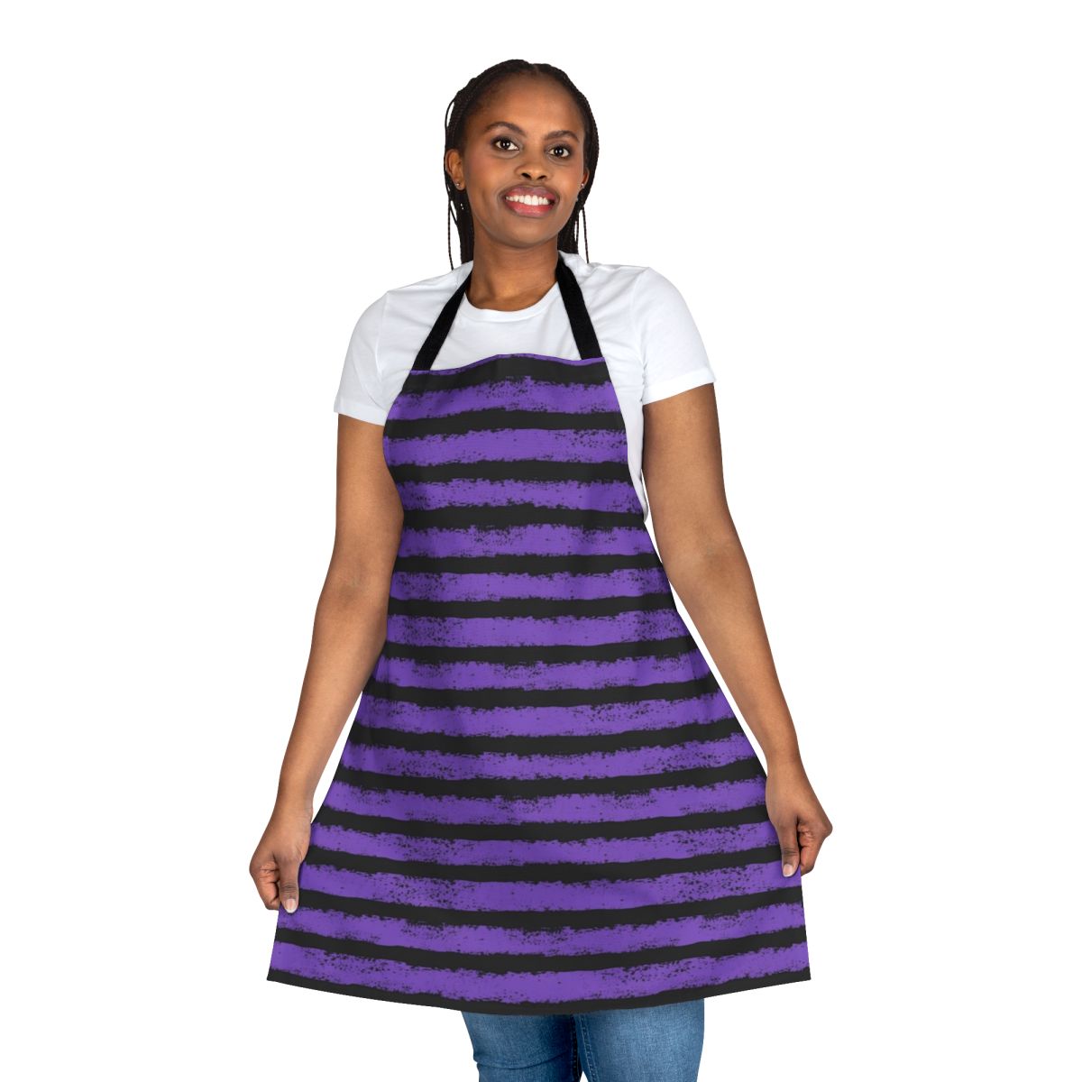 Black and purple splatter stripe apron with a distressed, spooky design