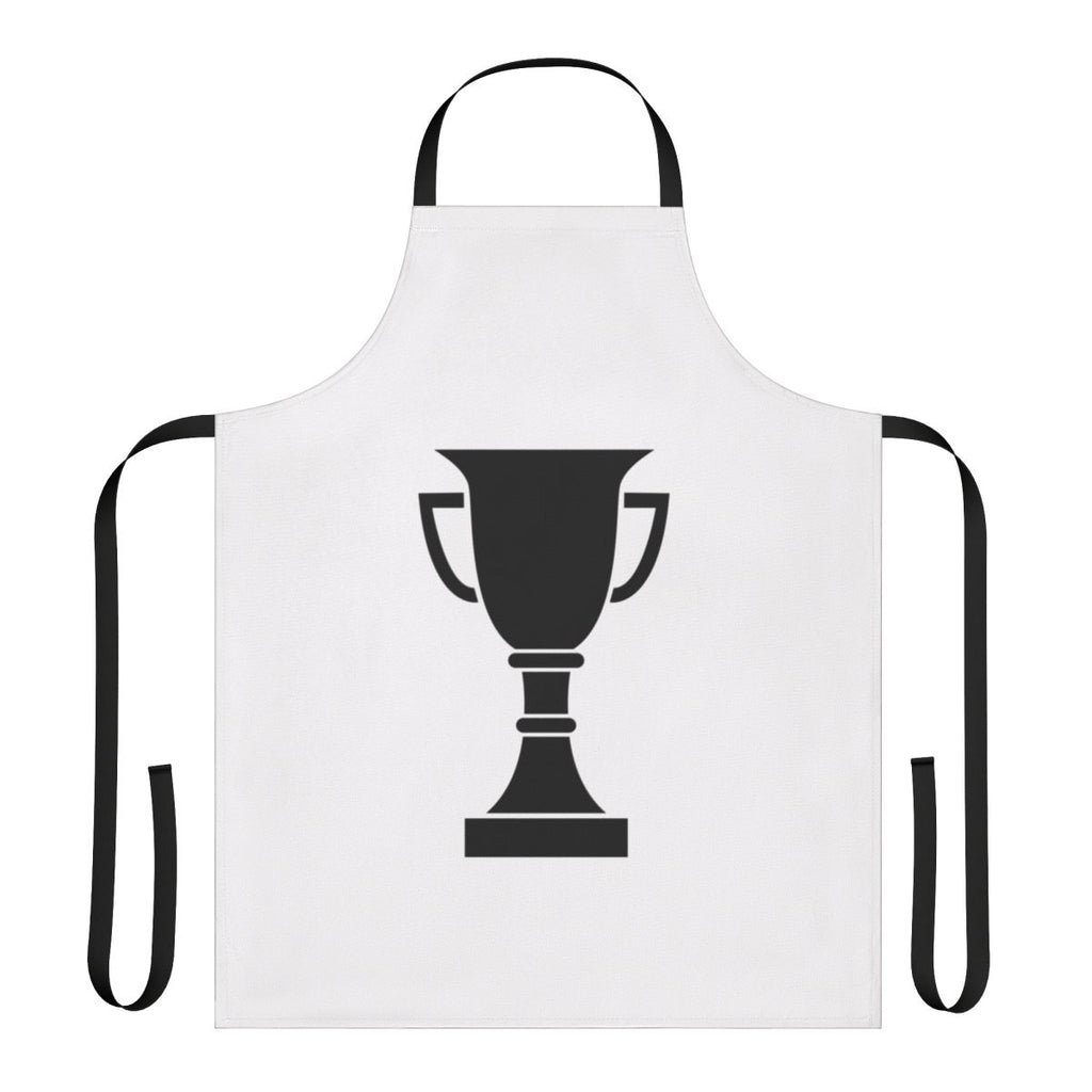 Person wearing a champion trophy-inspired apron while cooking or baking