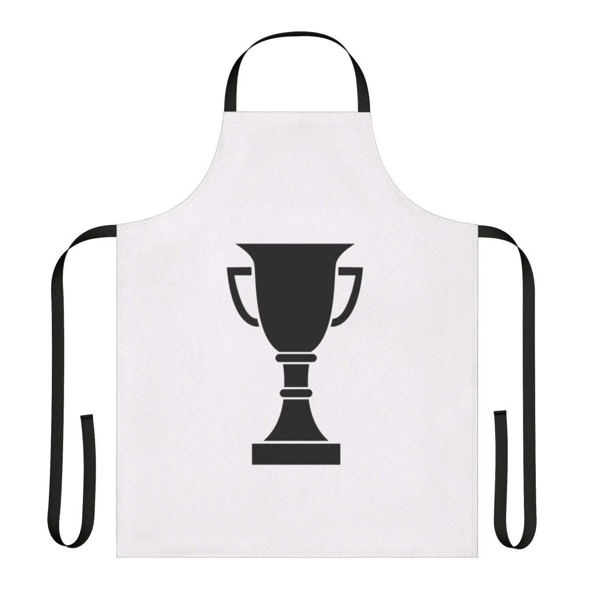 Person wearing a champion trophy-inspired apron while cooking or baking