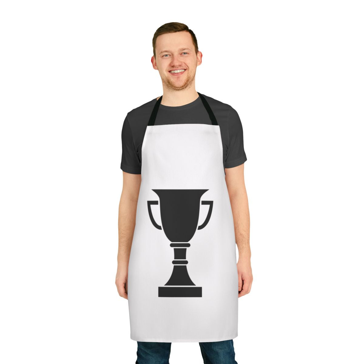 Person wearing a champion trophy-inspired apron while cooking or baking