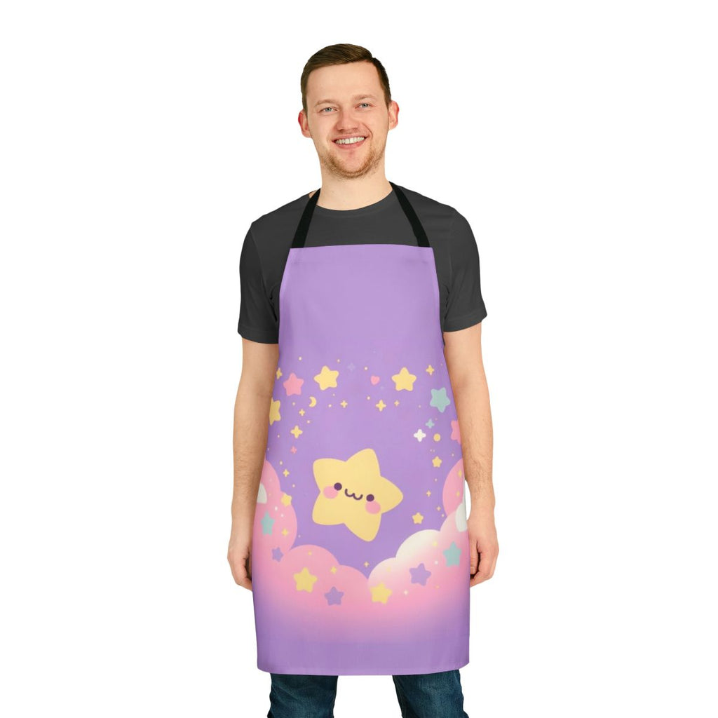 A purple apron with a simple star design, ideal for cooking and home decor.