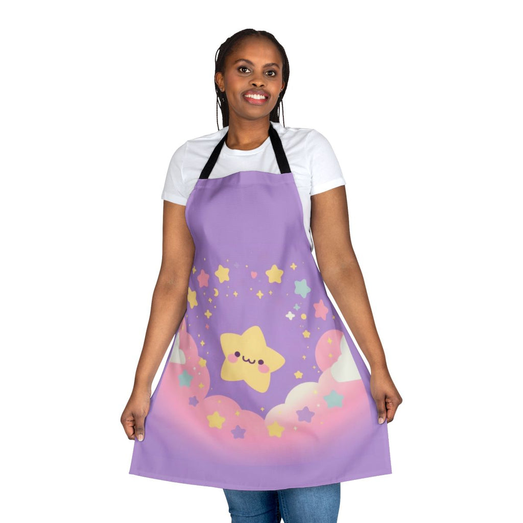 A purple apron with a simple star design, ideal for cooking and home decor.