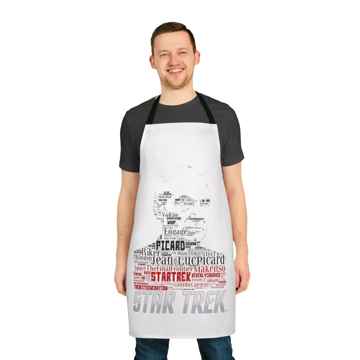 A high-quality apron featuring an image of Jean Luc Picard from the Star Trek: The Next Generation television series.