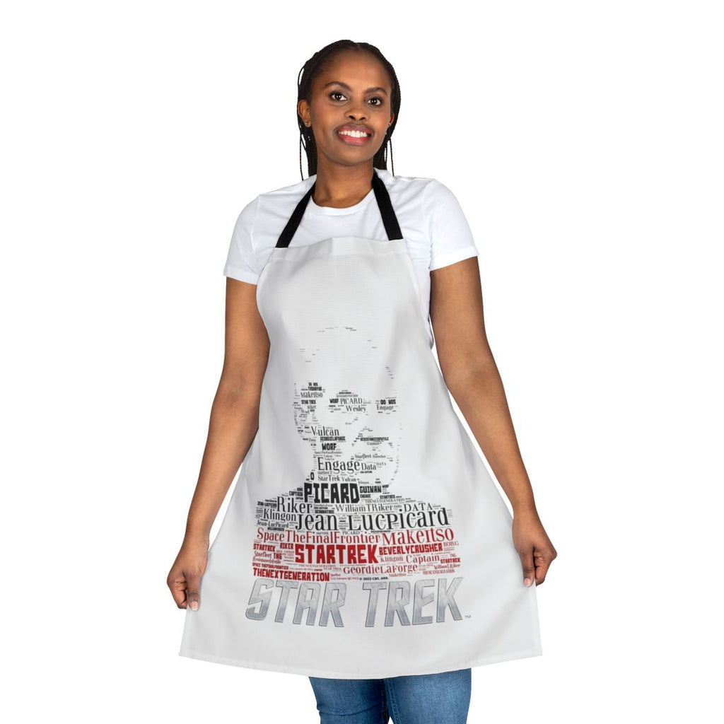 A high-quality apron featuring an image of Jean Luc Picard from the Star Trek: The Next Generation television series.