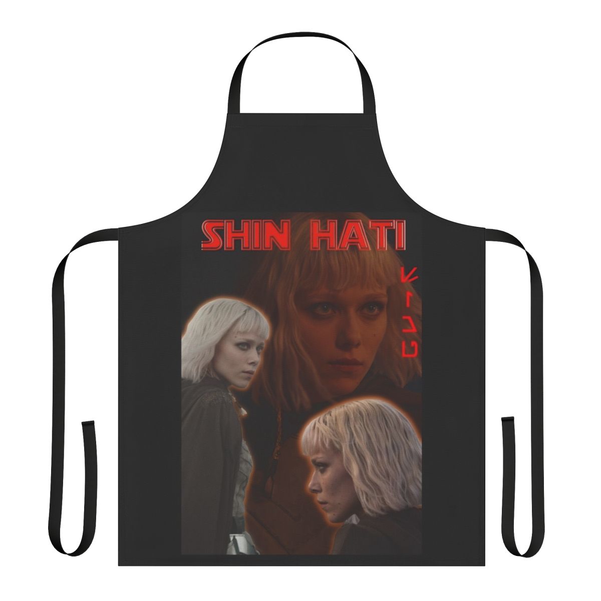A vibrant apron featuring characters from the Star Wars universe, including Ahsoka Tano, Darth Vader, and Baby Yoda.
