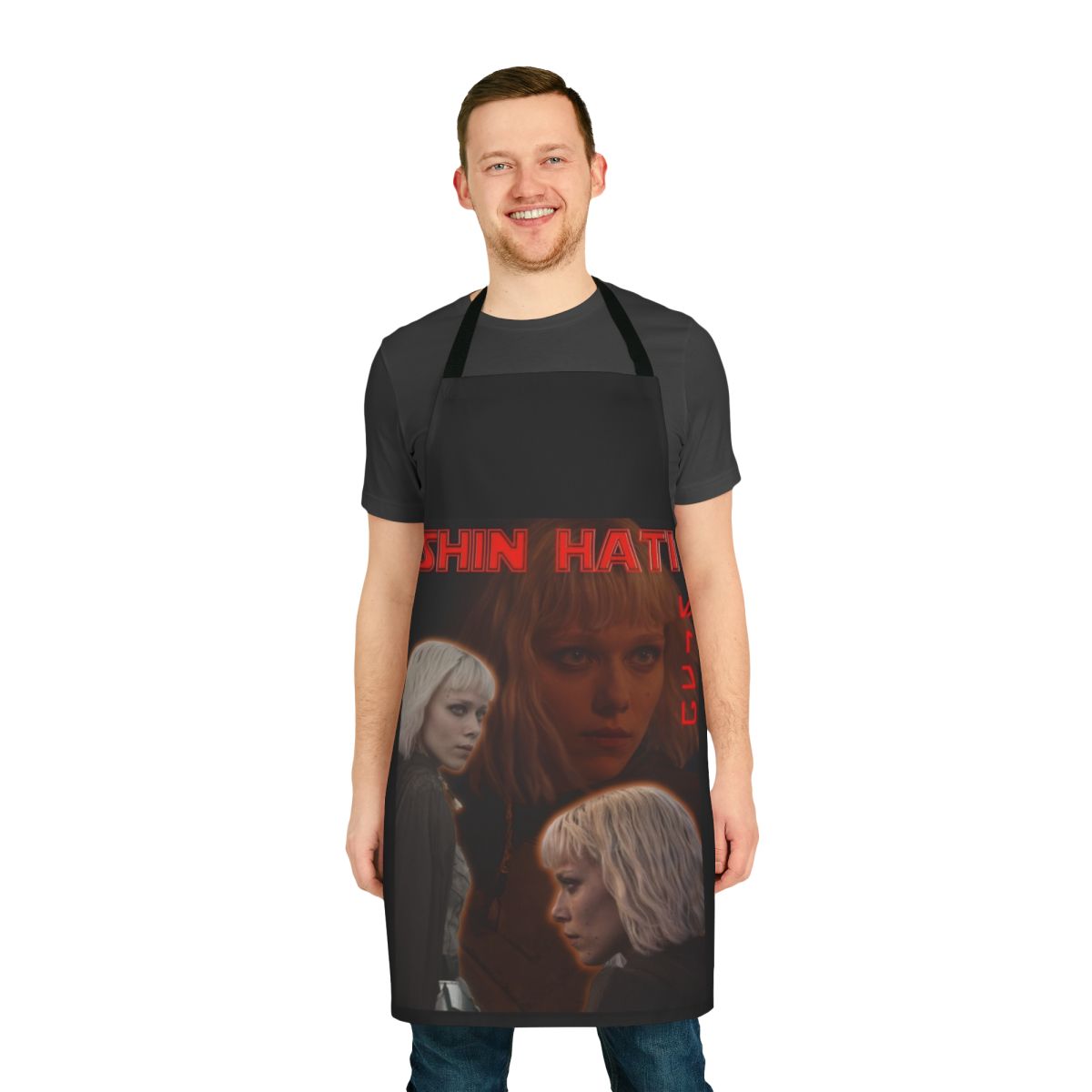 A vibrant apron featuring characters from the Star Wars universe, including Ahsoka Tano, Darth Vader, and Baby Yoda.