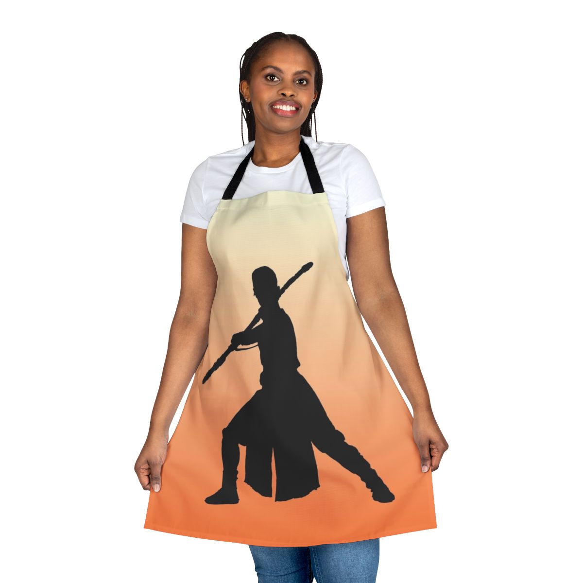 Artistic silhouette design of Rey from Star Wars: The Force Awakens on an apron