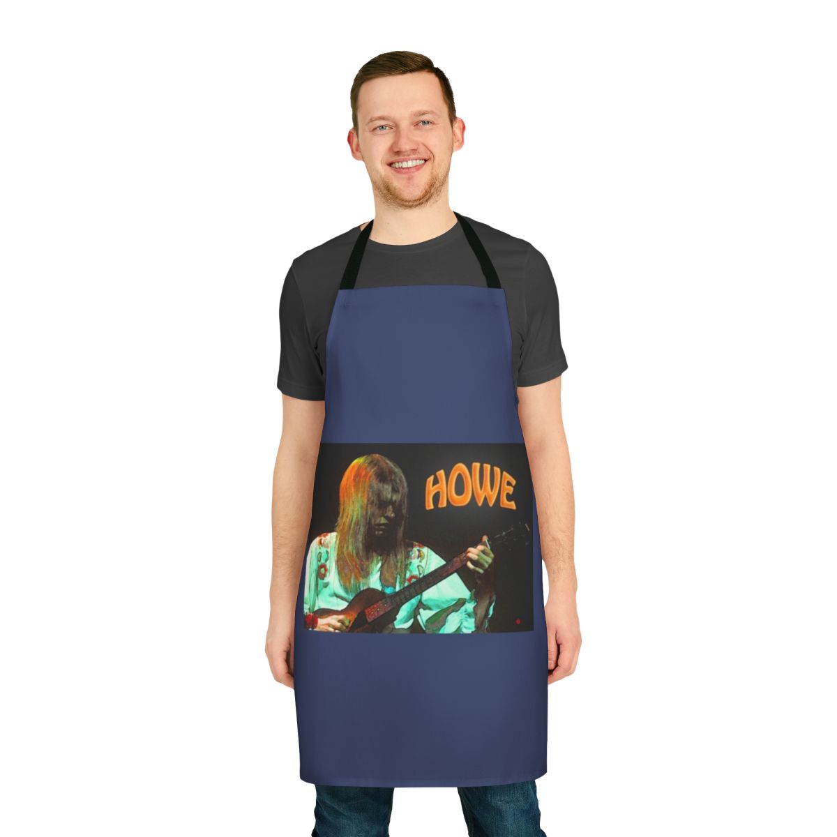 Orange and black graphic apron designed for fans of Yes guitarist Steve Howe