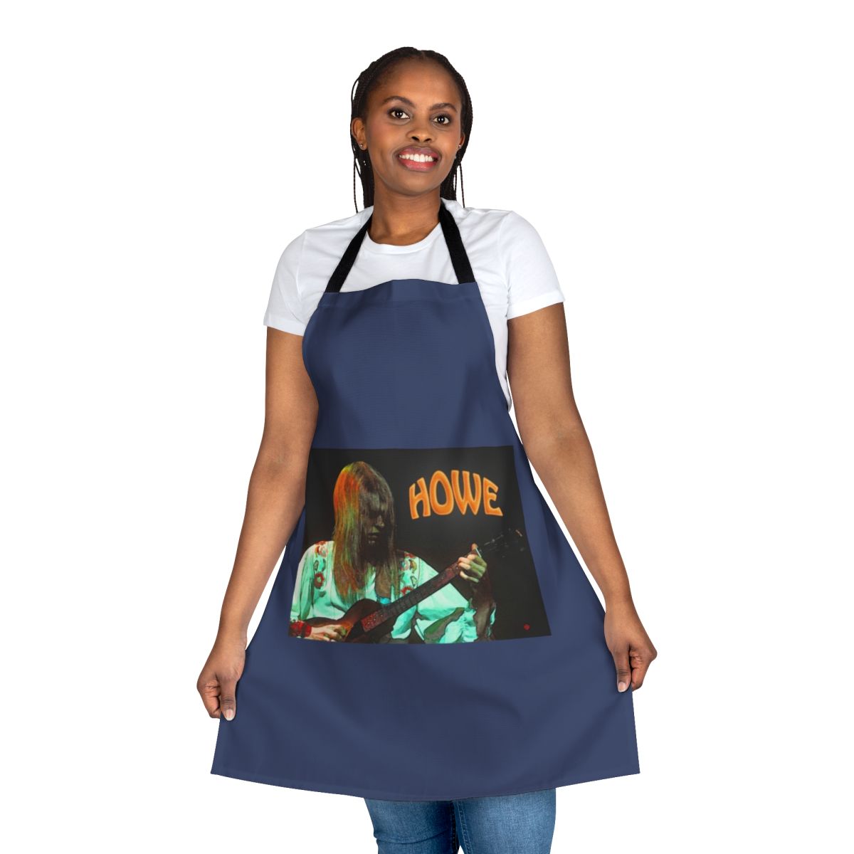 Orange and black graphic apron designed for fans of Yes guitarist Steve Howe