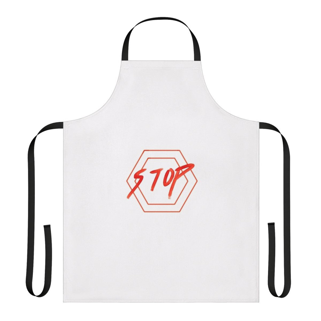A stylish red hexagon stop sign inspired apron for the kitchen