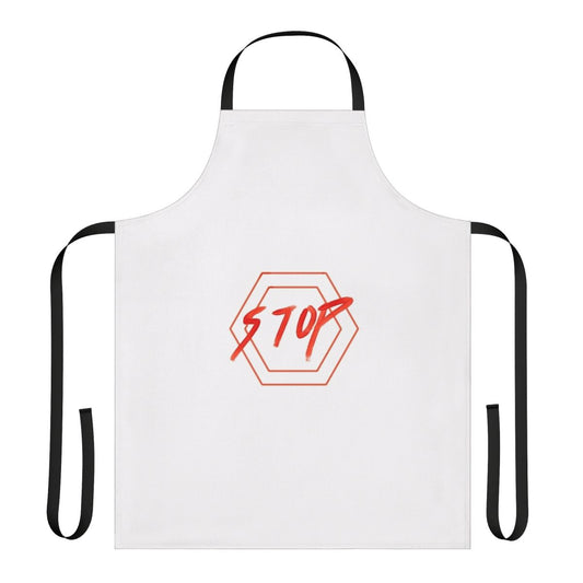 A stylish red hexagon stop sign inspired apron for the kitchen