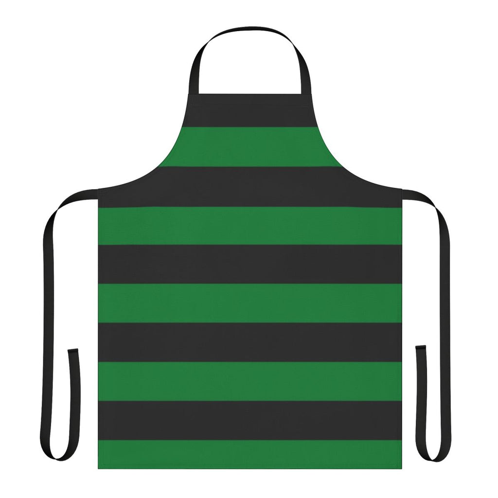 A vibrant green and black striped apron with a simple, yet eye-catching design.