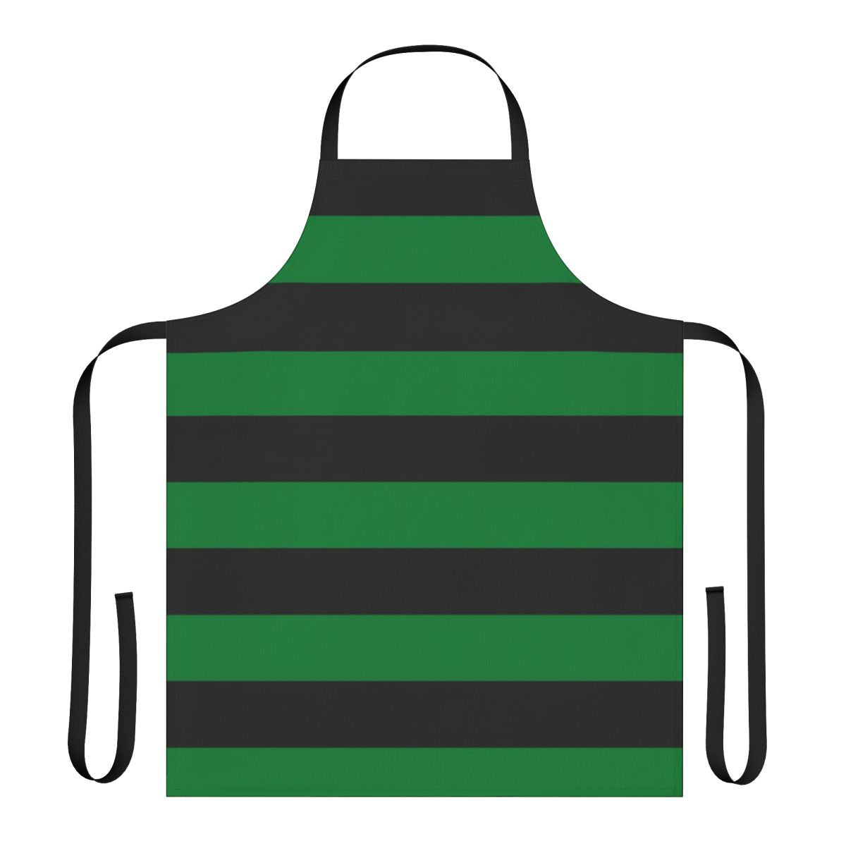 A vibrant green and black striped apron with a simple, yet eye-catching design.