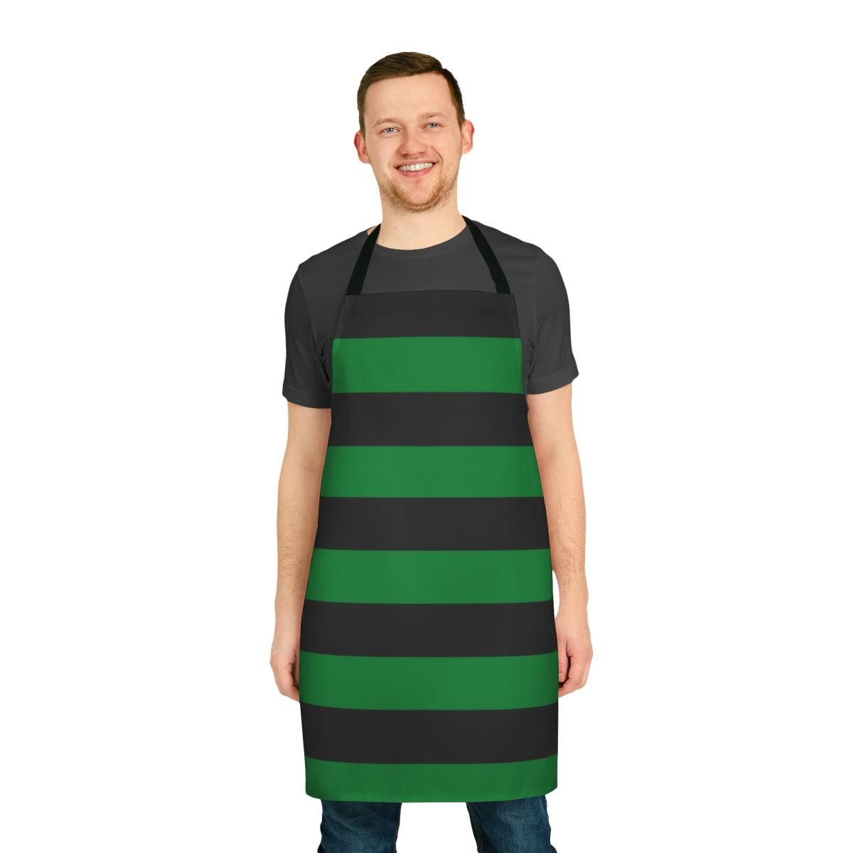 A vibrant green and black striped apron with a simple, yet eye-catching design.