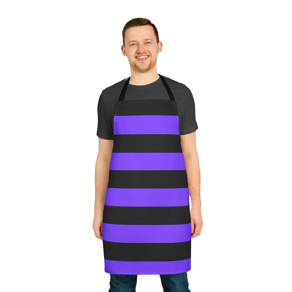 Purple and black striped apron with a modern, colorful design