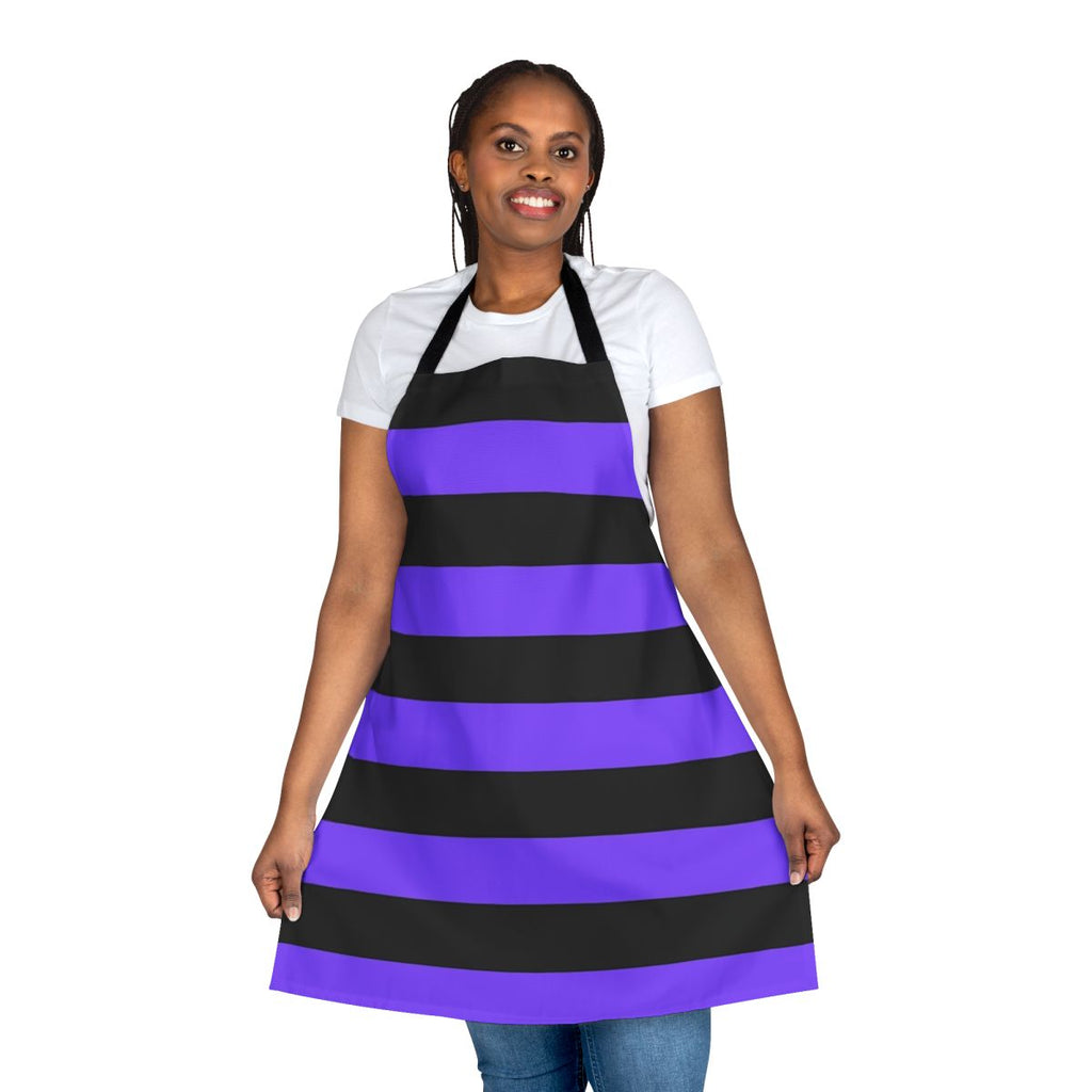 Purple and black striped apron with a modern, colorful design