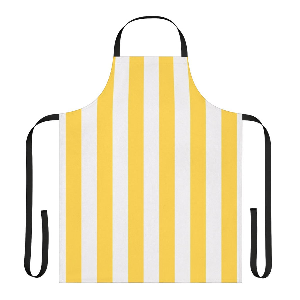 Yellow and white vertical stripe apron with a geometric pattern