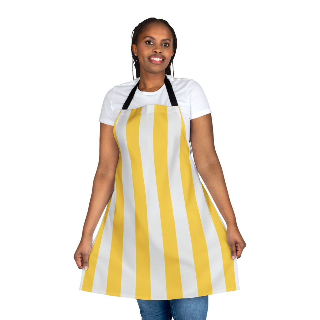 Yellow and white vertical stripe apron with a geometric pattern