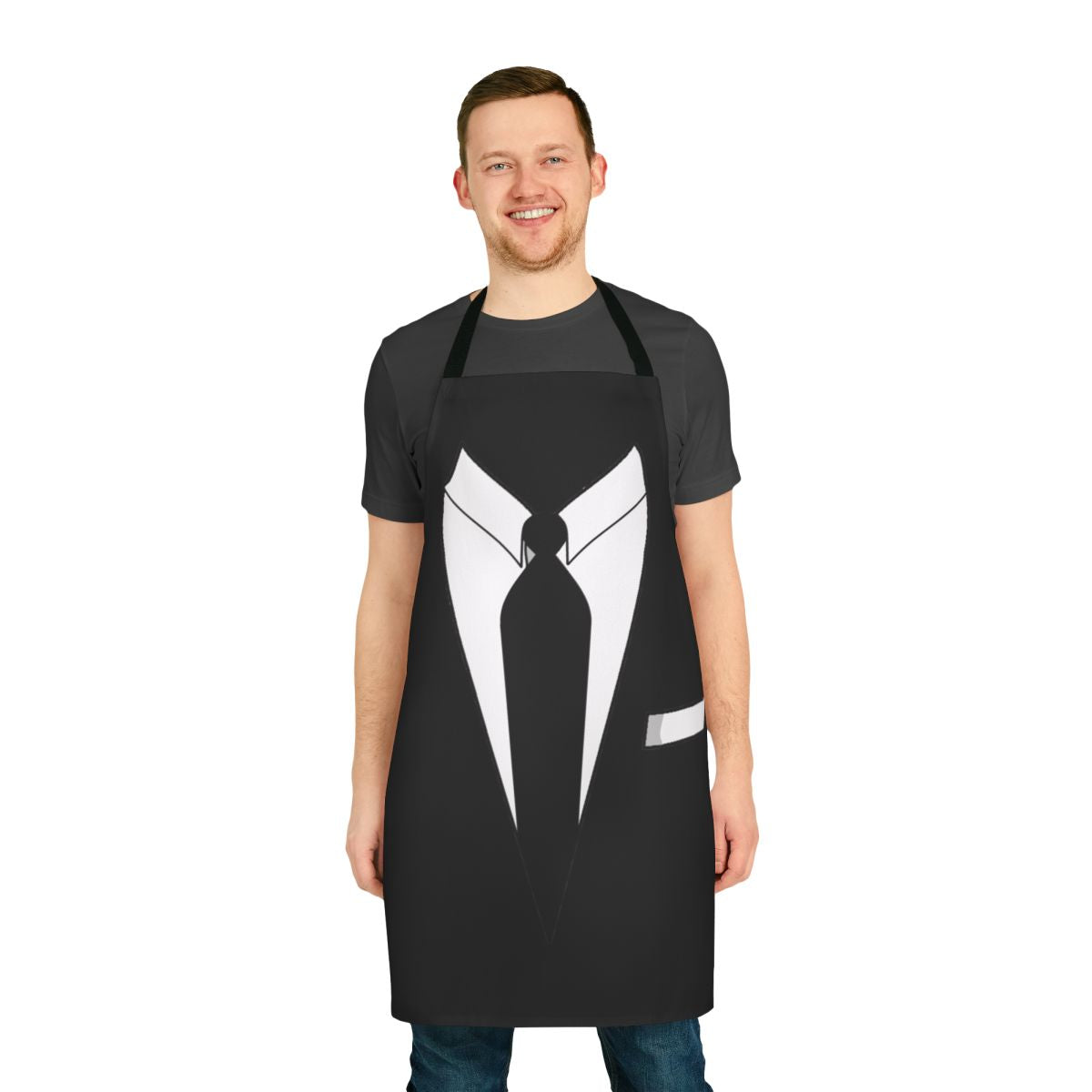 A sleek, black suit apron for a sophisticated, formal look
