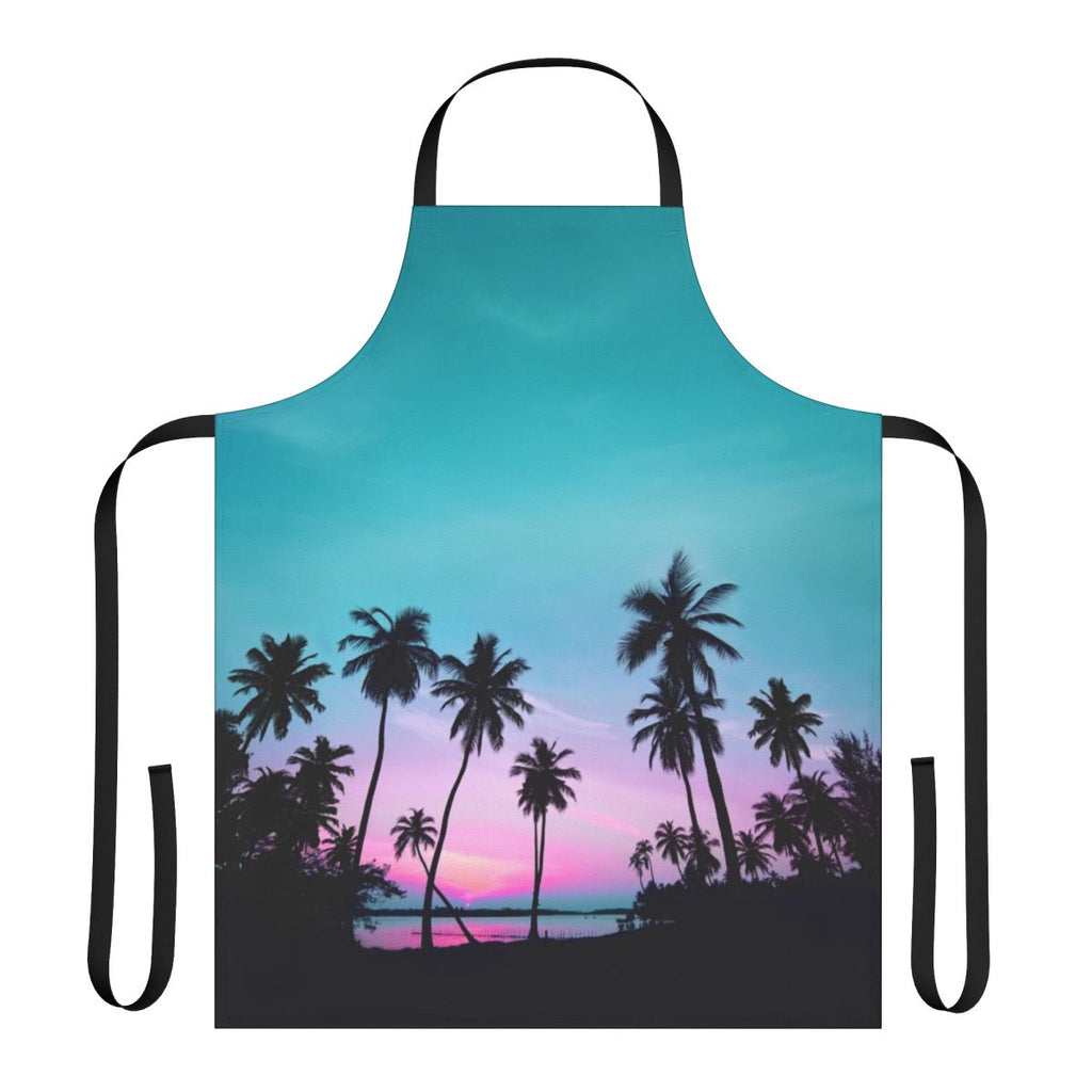 A vibrant and relaxing apron design featuring palm trees, ocean sunsets, and a simple silhouette pattern.