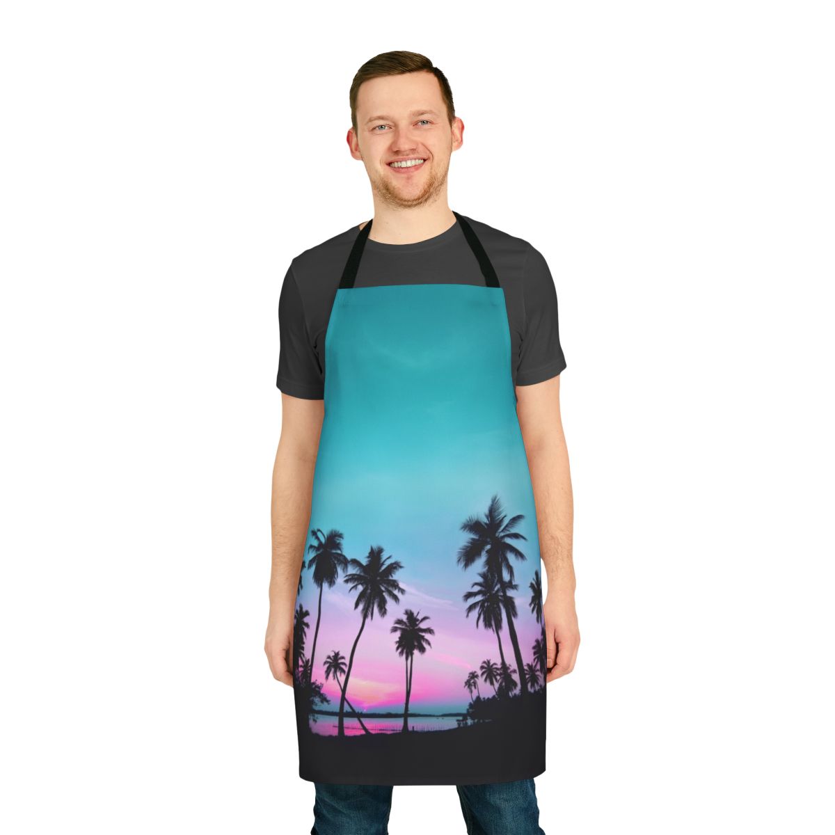 A vibrant and relaxing apron design featuring palm trees, ocean sunsets, and a simple silhouette pattern.