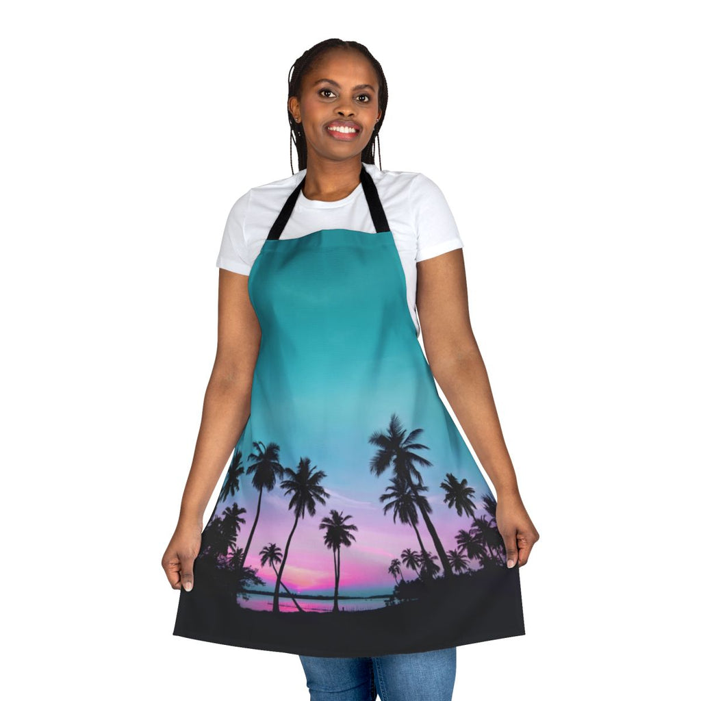 A vibrant and relaxing apron design featuring palm trees, ocean sunsets, and a simple silhouette pattern.