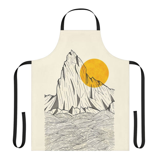 A sun cliff apron with abstract pen and ink designs of cliffs, waves, and nature