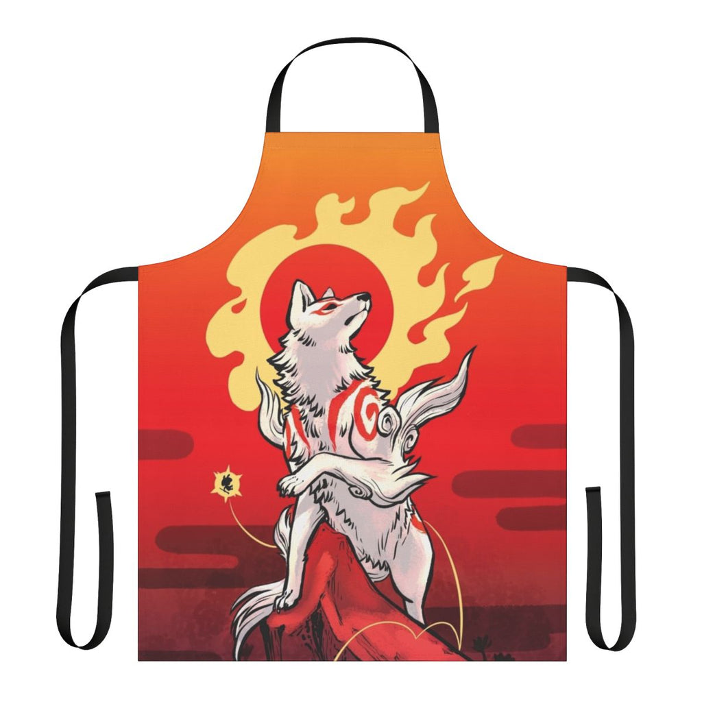 Sun deity Amaterasu inspired apron with wolf and kitsune elements