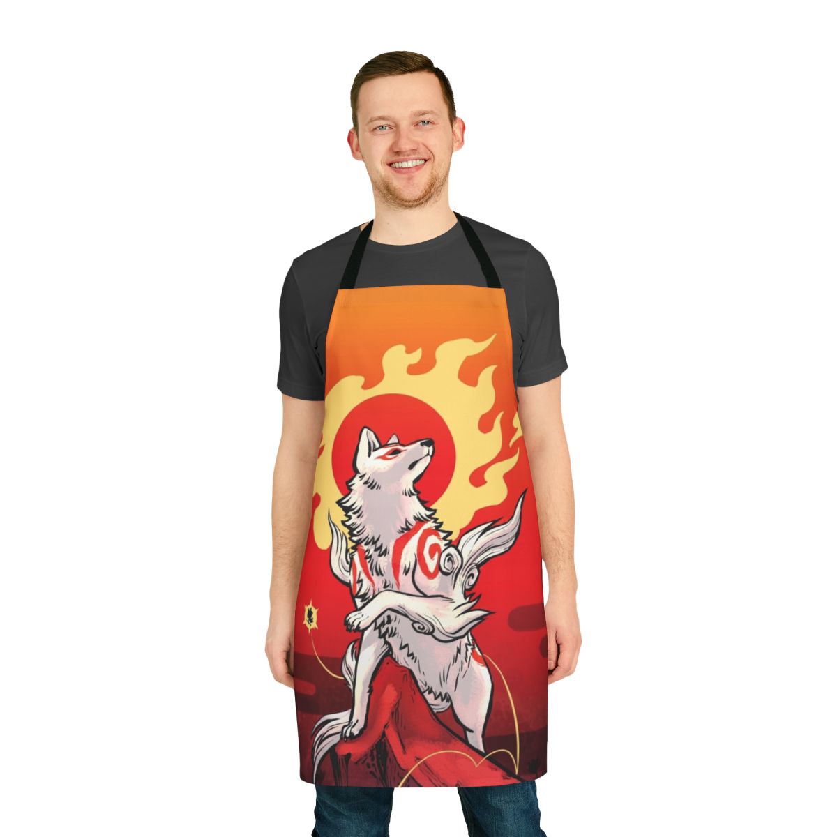 Sun deity Amaterasu inspired apron with wolf and kitsune elements