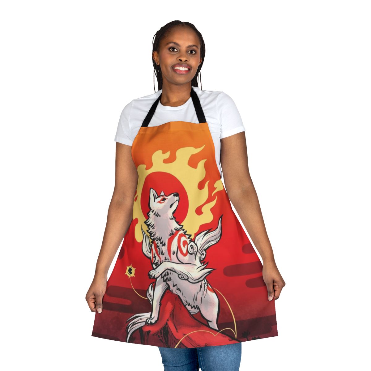 Sun deity Amaterasu inspired apron with wolf and kitsune elements