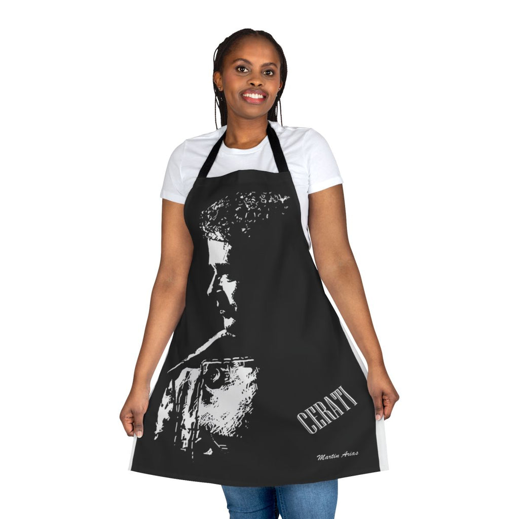 A white and black apron featuring a sun rising over a city skyline design.