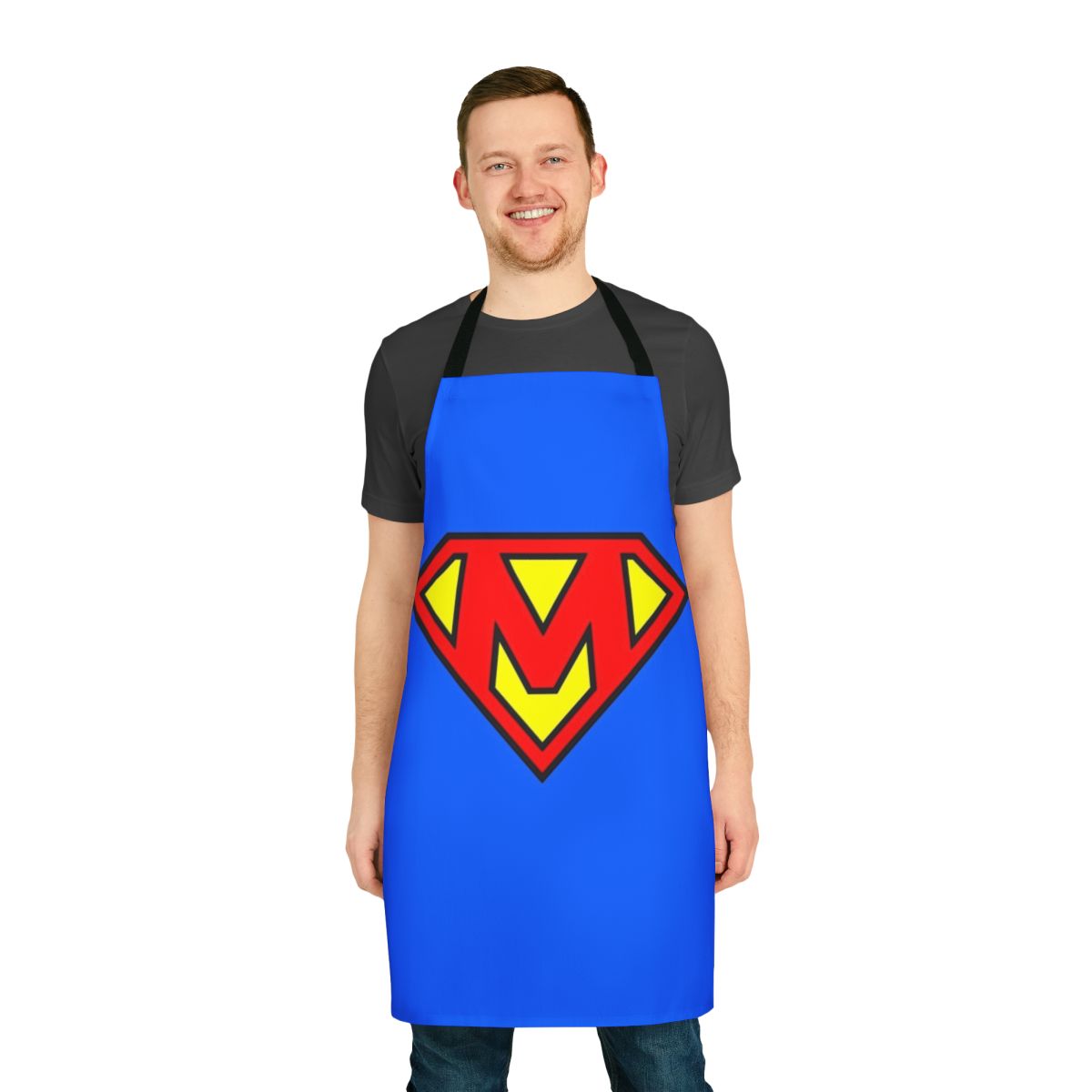 Personalized superhero apron featuring the letter M