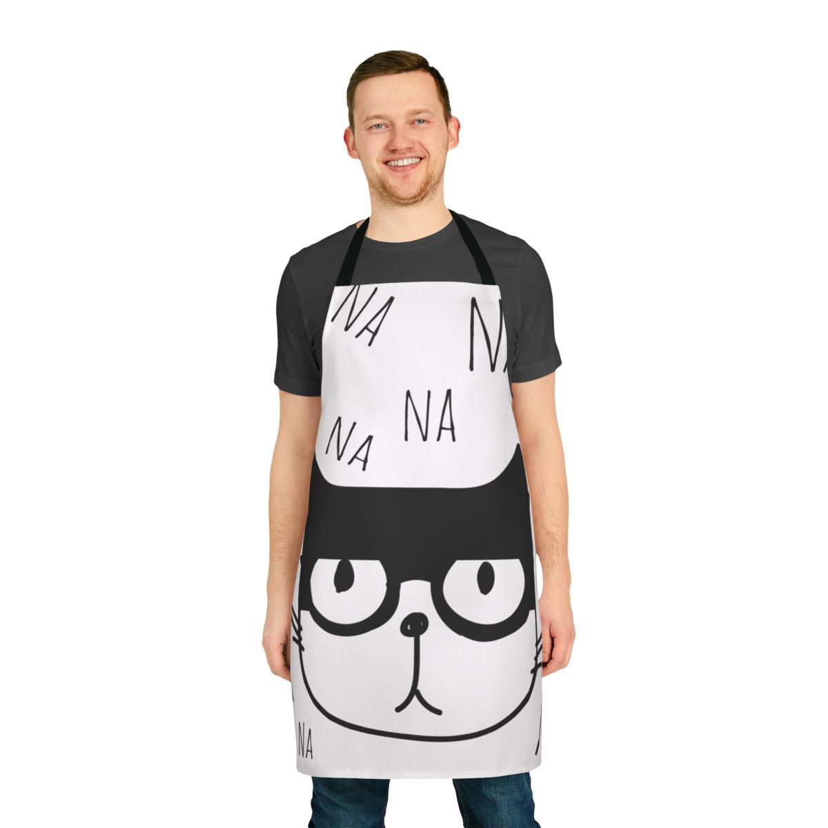 Stylish superhero cat cartoon design printed on a high-quality black apron