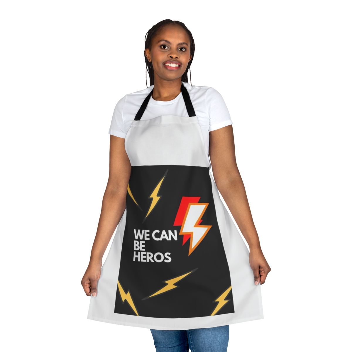 A black apron with a lightning bolt design, perfect for channeling your inner hero.