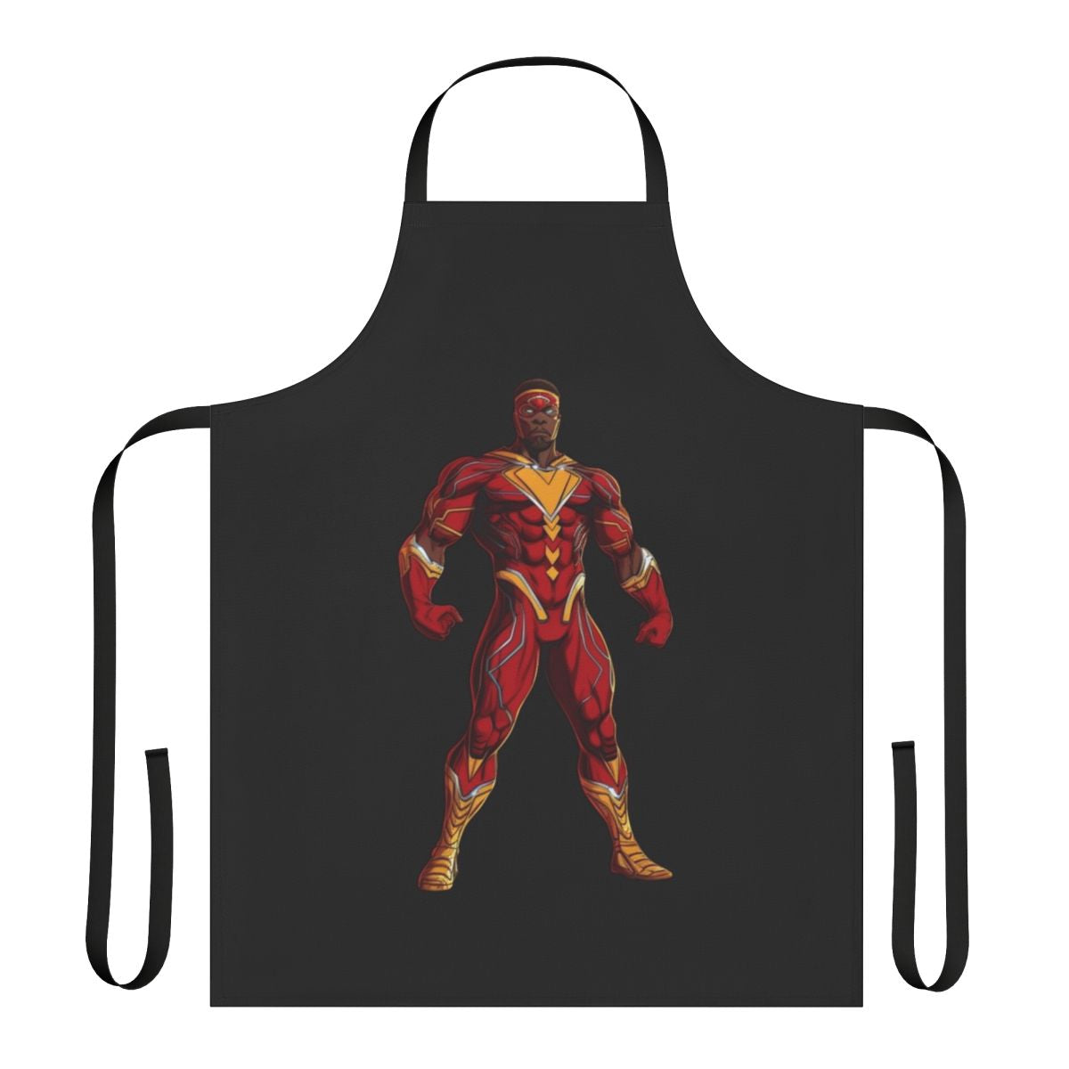 A stylish black apron featuring a superhero design, perfect for geeky home chefs and crafters.
