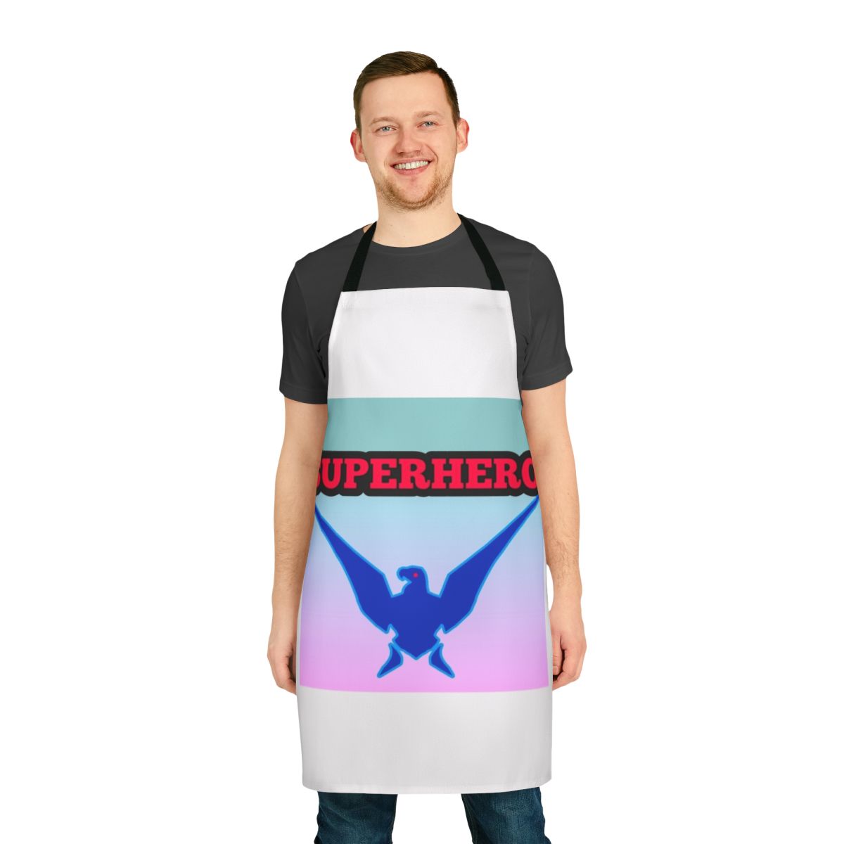 A colorful and vibrant apron featuring a superhero design, perfect for the kitchen or as a unique gift.