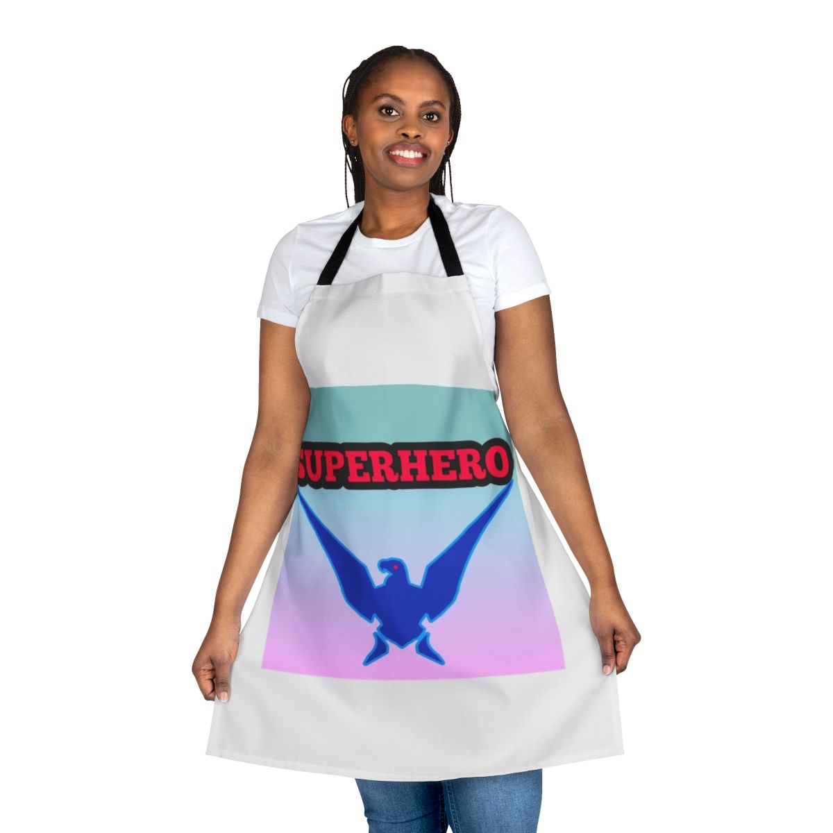 A colorful and vibrant apron featuring a superhero design, perfect for the kitchen or as a unique gift.
