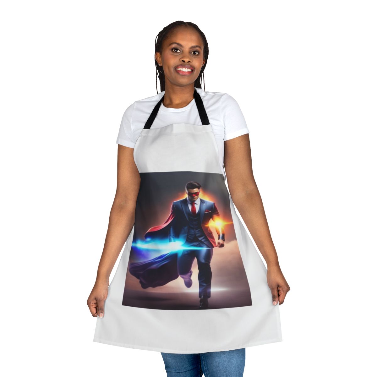 A high-quality superhero-themed apron for the kitchen