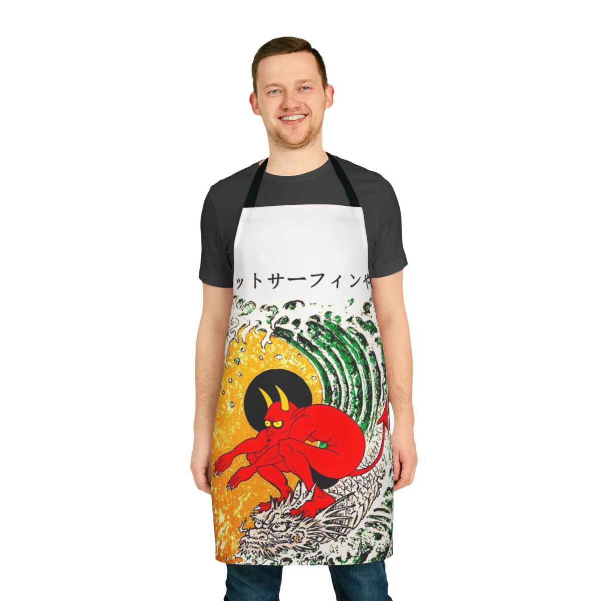 Vibrant surf-themed apron with Japanese art and tattoo-inspired design