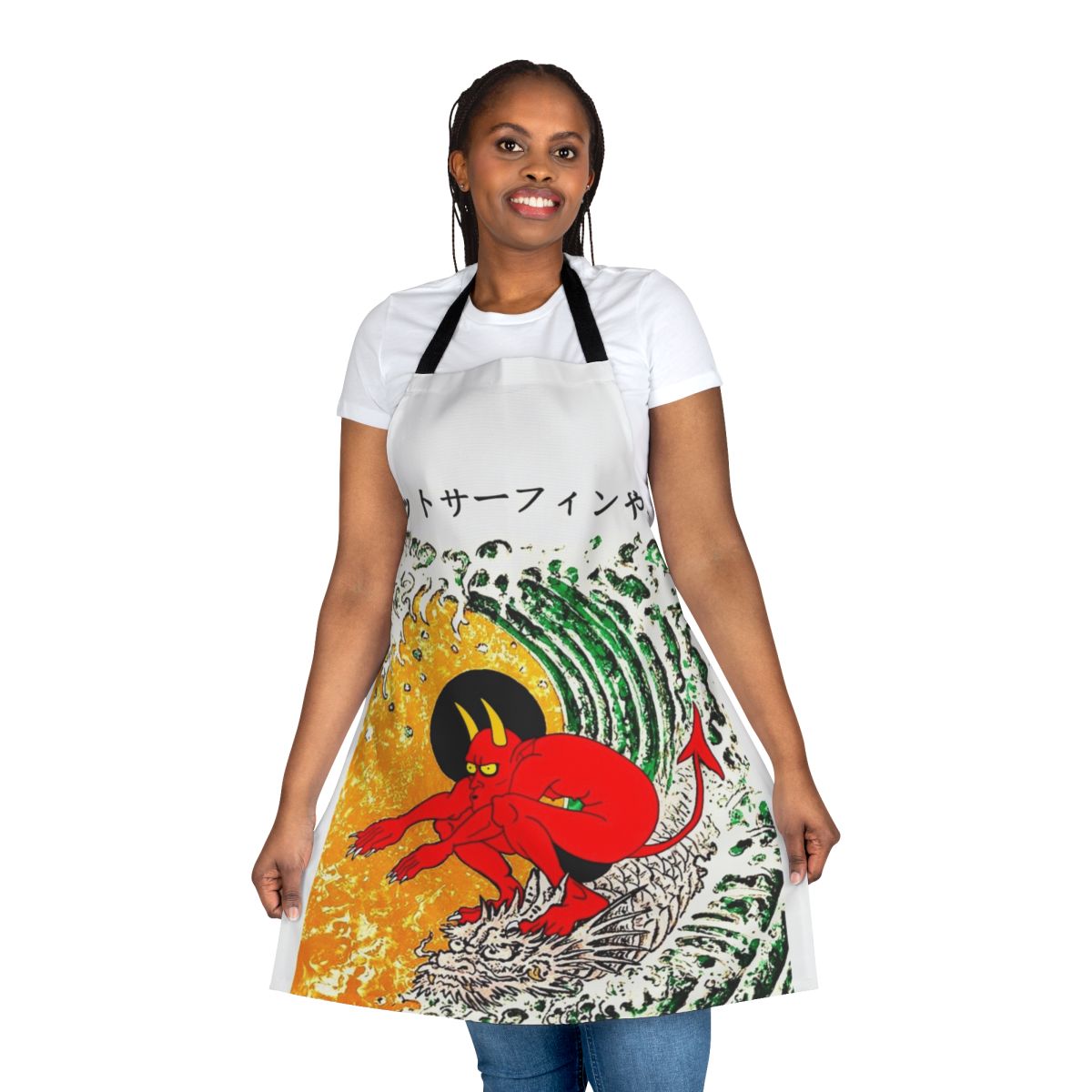 Vibrant surf-themed apron with Japanese art and tattoo-inspired design